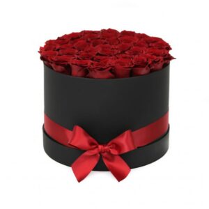 красные розы в шляпной коробке